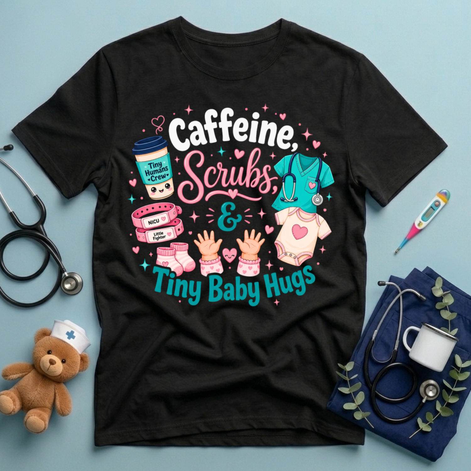Caffeine Scrubs Tiny Baby Hugs T-Shirt