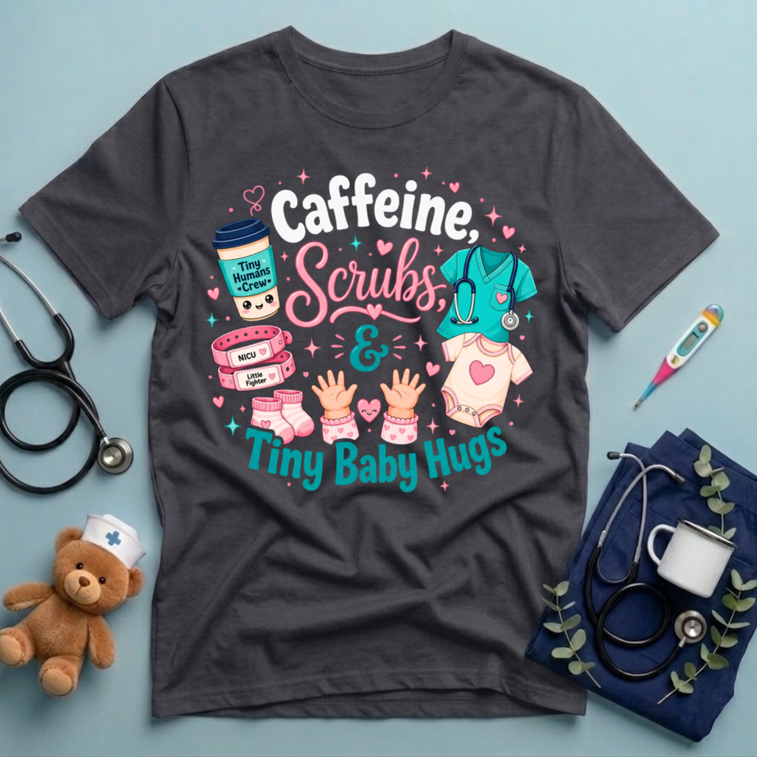 Caffeine Scrubs Tiny Baby Hugs T-Shirt